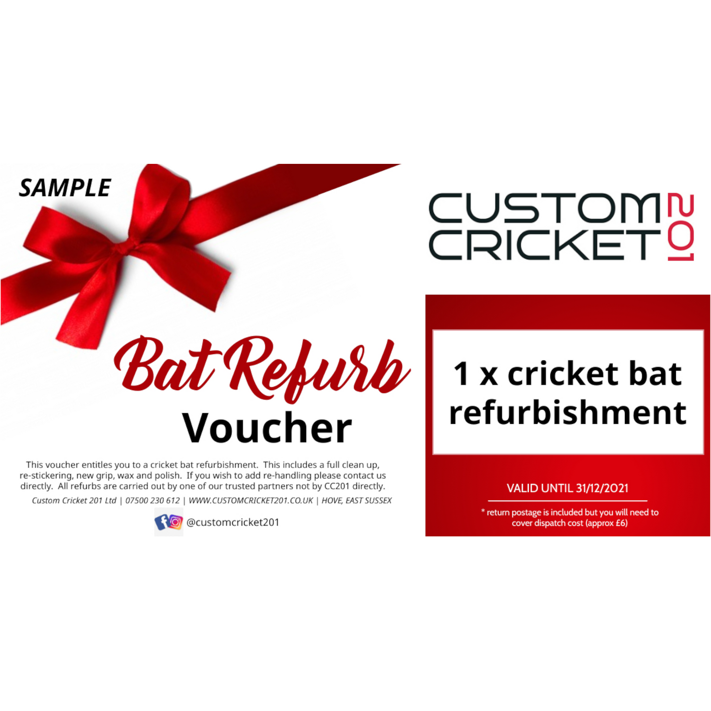 Custom Cricket 201 Bat refurbishment voucher gift voucher cricket gift christmas present Cricket store East Sussex Hove Next day delivery and same day pick up available
